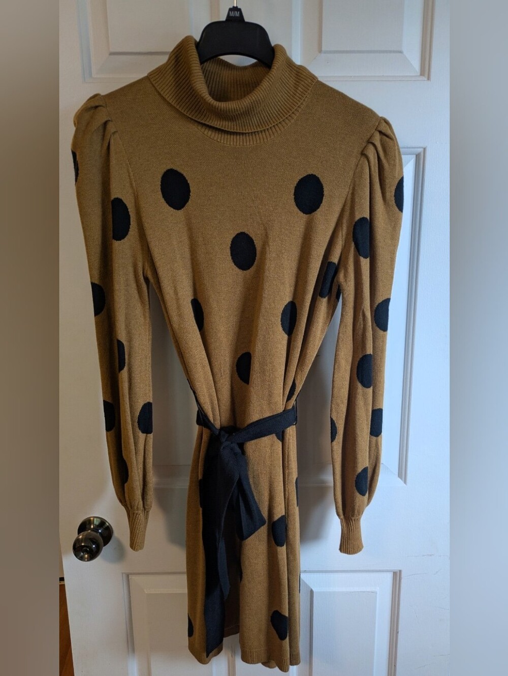 California Vintage Camel Polka Dot Turtle Neck Long Sleeve Midi Sweater Dress